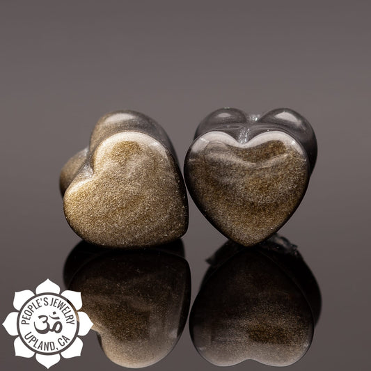 Double Flare Heart Plugs - Gold Obsidian