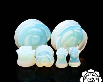 Carved Rose Double Flare Plugs - Opalite